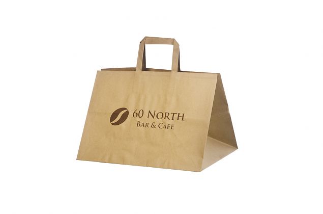 Stark, högklassig take away papperskasse. Kan fås med personligt tryck. Gratis frakt till Sverige 