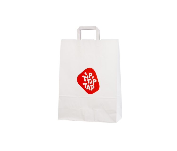 Hvide papirsposer med flad hank og logo