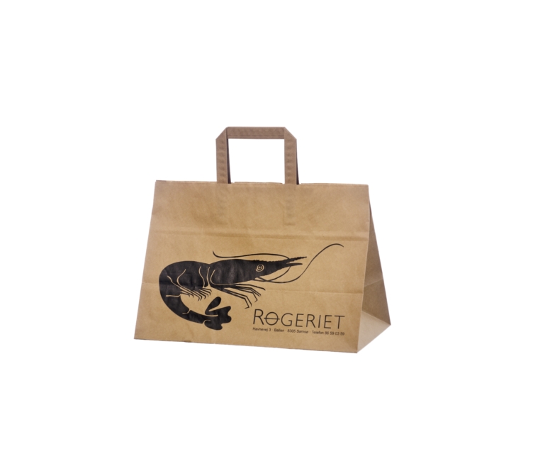 Brune vide Takeaway-papirsposer med flad hank og tryk2589