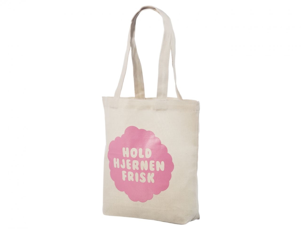 Naturfarvet kraftig mulepose med tryk. Størrelse 39×41+8 cm.