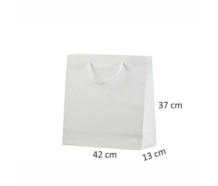 Hvide håndlavede poser i kraftpapir med tryk